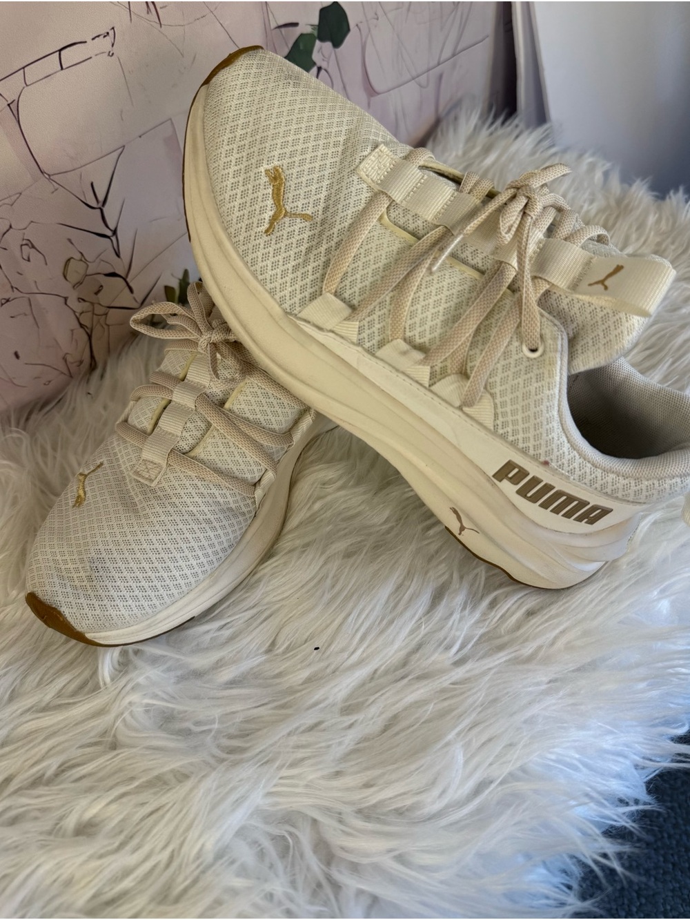 Puma Women's Cream Mesh Athletic Sneakers with Gold Accents